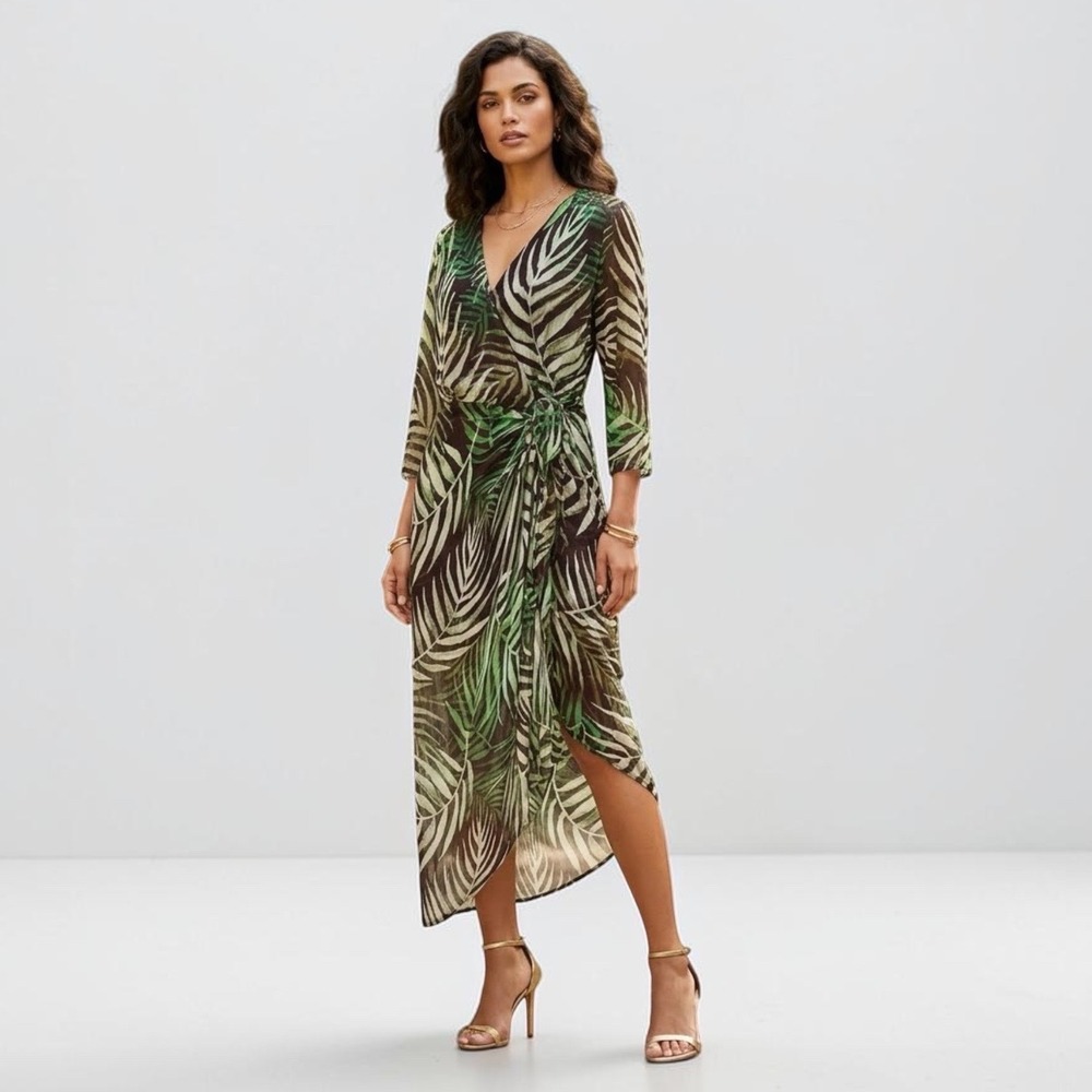 Analili Silk Wrap Dress Womens M Green Maxi Tropical Palm Leaf Luxury Cruisewear